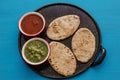 Mexican tlacoyos with green and red sauce, Traditional food in Mexico Royalty Free Stock Photo