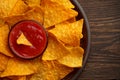 Mexican tortilla or nachos in clay plate with red dipping sauce on wooden table.