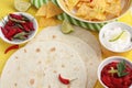 Mexican tortillas with nachos and dips