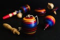Mexican toys from Wooden, balero, yoyo and trompo in Mexico on black background Royalty Free Stock Photo