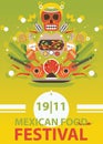 Mexican traditional food festival poster on bright background. Vector illustration with chily pepper, fajita and spicy meals.