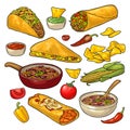 Mexican traditional food set with Guacamole, Enchilada, Burrito, Tacos, Nachos Royalty Free Stock Photo