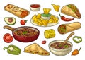 Mexican traditional food set with Guacamole, Enchilada, Burrito, Tacos, Nachos