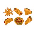 Mexican traditional food set icons. Burrito, tacos, tostados, quesadillas, nachos isolated on white background. Flat style. Vector