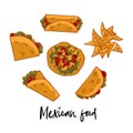 Mexican traditional food set icons. Burrito, tacos, tostados, quesadillas, nachos isolated on white background. Flat style. Vector Royalty Free Stock Photo