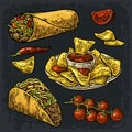 Mexican traditional food set with text message, burrito, tacos, chili, tomato, nachos. Royalty Free Stock Photo