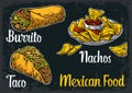 Mexican traditional food set with text message, burrito, tacos, chili, tomato, nachos. Vector vintage engraved illustration for me