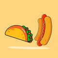 Mexican traditional food - taco and hotdog food. Flat vector cartoon illustration