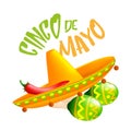Mexican traditional sombrero hat with red chili pepper on it and green maracas. Vector illustration to 5th of May Cinco de Mayo Royalty Free Stock Photo