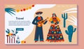 Mexican travel web banner, character male with guitar, female in traditional costume, flat vector illustration. Design