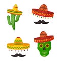 Mexican vector icons. Cinco de Mayo celebration. Skull, sombrero, cactus, mustache. Cartoon illustration