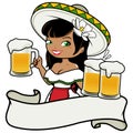 Mexican waitress serving beer. Vector illustration