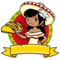 Mexican waitress serving tacos. Vector illustration