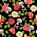 Mexican wallpaper. Roses and skulls seamless pattern. Day of the dead background. Vintage Roses wallpaper. Royalty Free Stock Photo