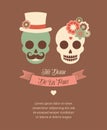 Mexican wedding invitation with two hipster skulls