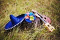 Mexican wedding. Sombrero hat, wedding bridal bouquet, two guitars on the grass. Close up, outdoor. Bright blue, orange, brown, Royalty Free Stock Photo