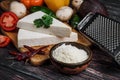 Mexican white Cotija cheese, tequila shot with fresh ingredients in Mexico Latin America Royalty Free Stock Photo