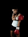 Mexican woman with girl red boxing gloves posing in defiant and competitive fight attitude Royalty Free Stock Photo