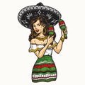 Mexican woman in sombrero playing maracas Royalty Free Stock Photo