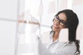 Mexican woman writing ideas on sticky notes over glass wall Royalty Free Stock Photo