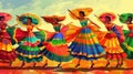 Mexican women dance in traditional colorful dresses