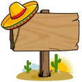 Blank wooden signpost in the Mexican desert. Vector Illustration