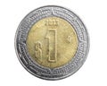 Mexicans one peso coin on a white isolated background