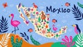 Mexico art. Mexican travel map with animals and country attributes. Llama and turtle. Muertos skull. Nature and