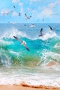 Mexico. Baja California Sur. Ocean storm and flying seagulls. Seascape.
