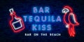 Neon text BAR TEQUILA KISS. Mexico bar neon sign, bright signboard, light banner. Mexican pub logo, emblem and label. Neon text