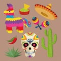 Mexico bright icon set with national mexican objects: sombrero, skull, agave, cactus, pinata, jalapeno peppers, maracas etc.