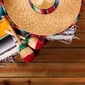 Mexico cinco de mayo wood background mexican sombrero above view Royalty Free Stock Photo