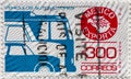 MEXICO - CIRCA 1983: A postage stamp printed in mexico shows the drawing of a bus. Text: Mexico export of automobiles