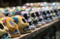 Mexico City, Mexico - April 30, 2017: Mexican colorful skulls. Traditional Mexican souvenirs. The symbol of the holiday