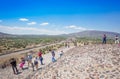 Mexico City, Mexico-21 April, 2018: Tourists climbing landmark ancient Teotihuacan pyramids in Mexican Highlands