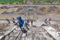 Mexico City, Mexico-21 April, 2018: Tourists climbing landmark ancient Teotihuacan pyramids in Mexican Highlands