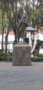 Mexico city, Mexico. December 06, 2020. Coyoacan downtown. Monument of Miguel Hidalgo with a face mask Royalty Free Stock Photo