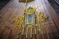 MEXICO CITY, MEXICO - June 19, 2013: Mysterious and miraculous image of Our Lady of Guadalupe, printed in Tilma, in the mantle of