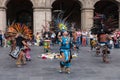 Mexico City, Mexico - April 30, 2017. Aztec dancers dancing in Zocalo square Royalty Free Stock Photo