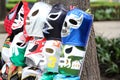 Mexico City, Mexico - August 23, 2023: Street stall selling masks of famous wrestlers from Mexican wrestling as souvenirs Royalty Free Stock Photo