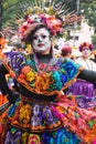 Mexico City, Mexico, ; October 26 2019: Woman dressed as catrina at the Parade of catrinas at the Day of the Dead celebrations in Royalty Free Stock Photo