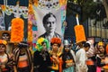 Mexico City, Mexico, ; October 26 2019: Group of people disguised at the Parade of catrinas at the Day of the Dead celebrations in Royalty Free Stock Photo