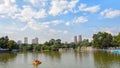 MEXICO-CITY, MEXICO - OCTOBER 10, 2015: People in catamarans at the lake in Chapultepec park.