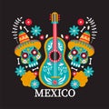 Mexico country illustration. Mexican skull, guitar, floral elements and text.