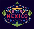 Mexico decorative banner. Mexican holidays cultural ornaments, abstract floral elements, sombrero and sugar skull