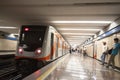 Mexico DF State/Mexico 12/27/2009. Subway arriving and people walking and standing in platform Subway station Mexico City