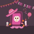 Mexico Dia de Los Muertos Altar with sugar skull and candles. Square frame. Skull, flowers, garlands, flags. Mexican Royalty Free Stock Photo