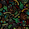 Mexico Fiesta Ornamental Line Art Elements Vector Seamless Repeat Textile Pattern
