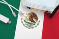 Mexico Flag Depicted On Table With Internet Rj45 Cable, Wireless Usb Wifi Adapter And Router. Internet Connection Concept