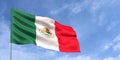 Mexico flag on flagpole on blue sky background. Mexican flag waving in the wind on a background of sky with clouds. Place for text Royalty Free Stock Photo